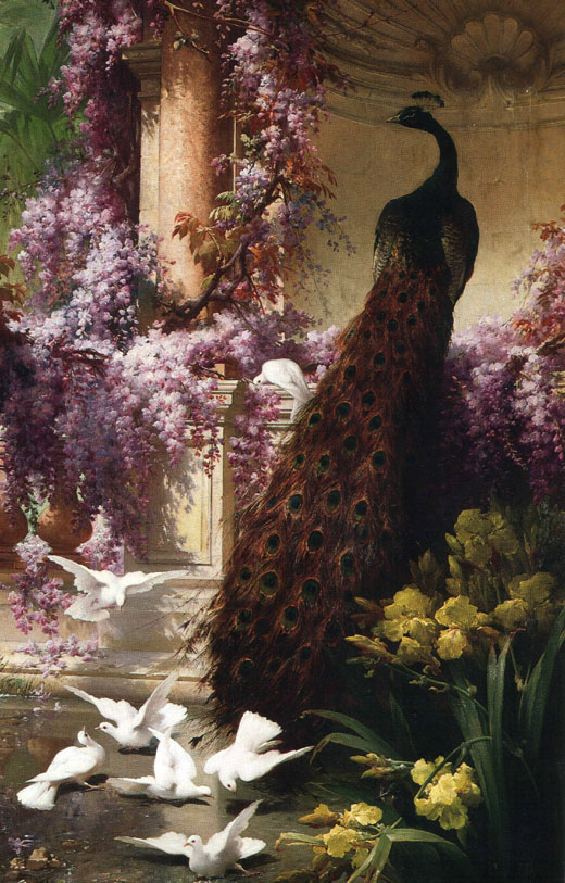 E.Bidau A peacock and doves in a Garden 1888 Oil on canvas 250,8x160 Auction Sotheby's