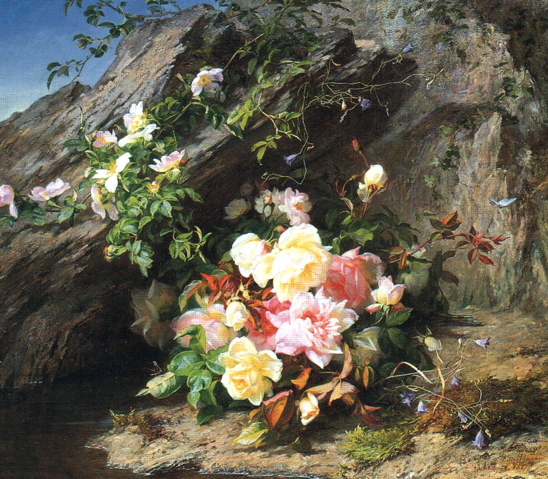E.R.Wagner Bouquet of roses among rocks 1857 Oil on canvas 80x90,2 Auction Sotheby's