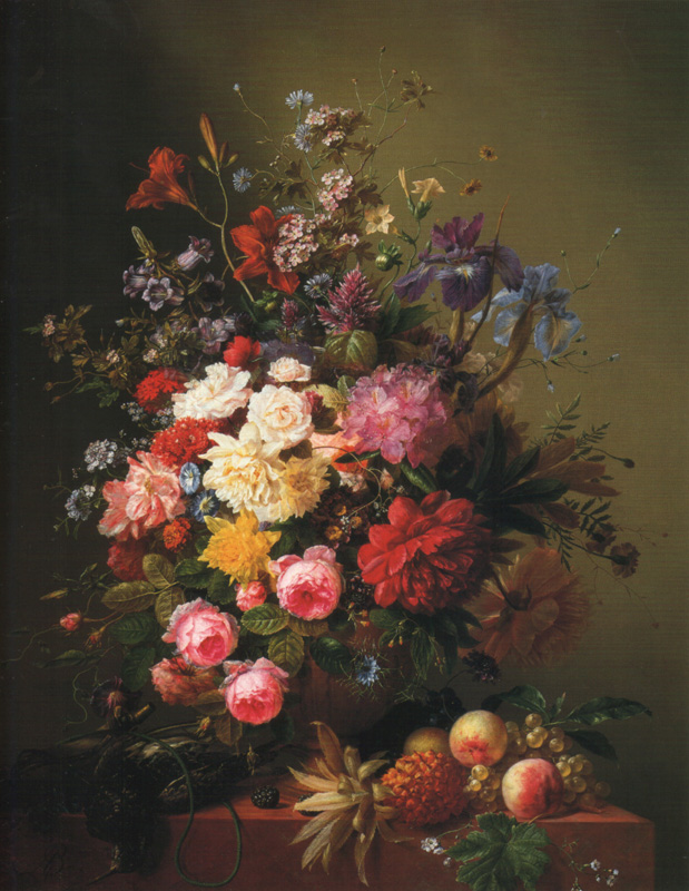A.Bloemers Summer flowers in a urn with fruit Oil on canvas 87x130,8 Auction Sotheby's