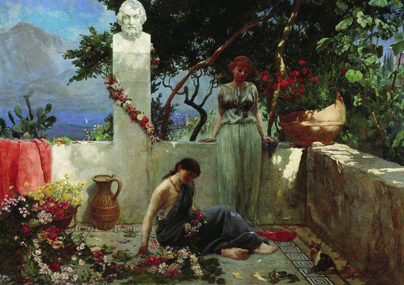 G.I.Siemiradsky Girls on a terrace at a bust of the Homer 1890 Oil on canvas 98x73 Art Museum. Tula
