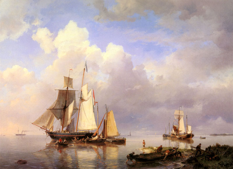H.Koekkoek Vessels at Anchor in an Estuary with Fisherman hauling up their rowing boat in the Foreground 1857 Oil on canvas 114x83 Private collection